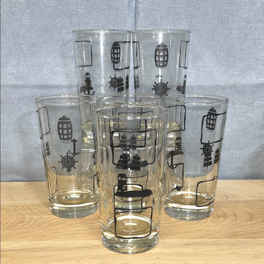 6 Vintage 1960’s-1970’s Libbey Glass Nautical pattern 12 oZ Drinking Glasses